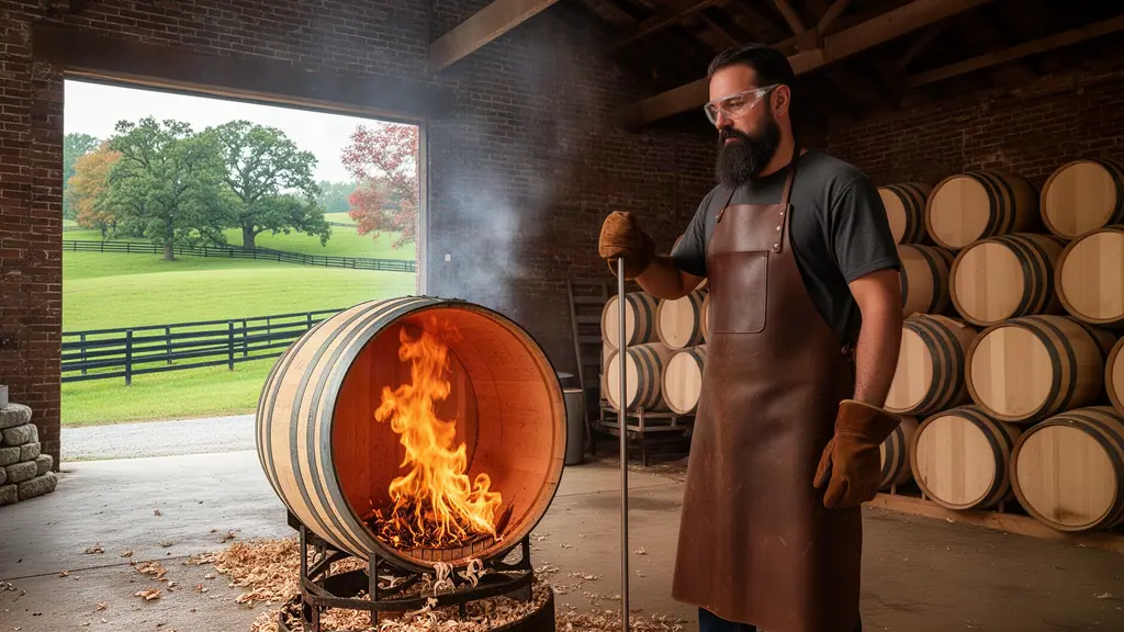 Cooper charring the inside of a new oak barrel in a brick cooperage, pastures through the door